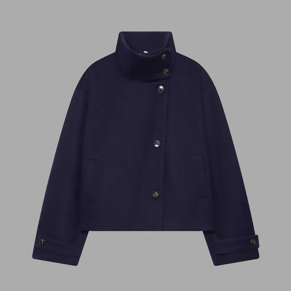 VEKDONE Woolen Jackets for Women Stand Collar Side Button Jacket Relaxed Fit Long Sleeve Coat with Pockets Outdoor Casual Commuting Outfits