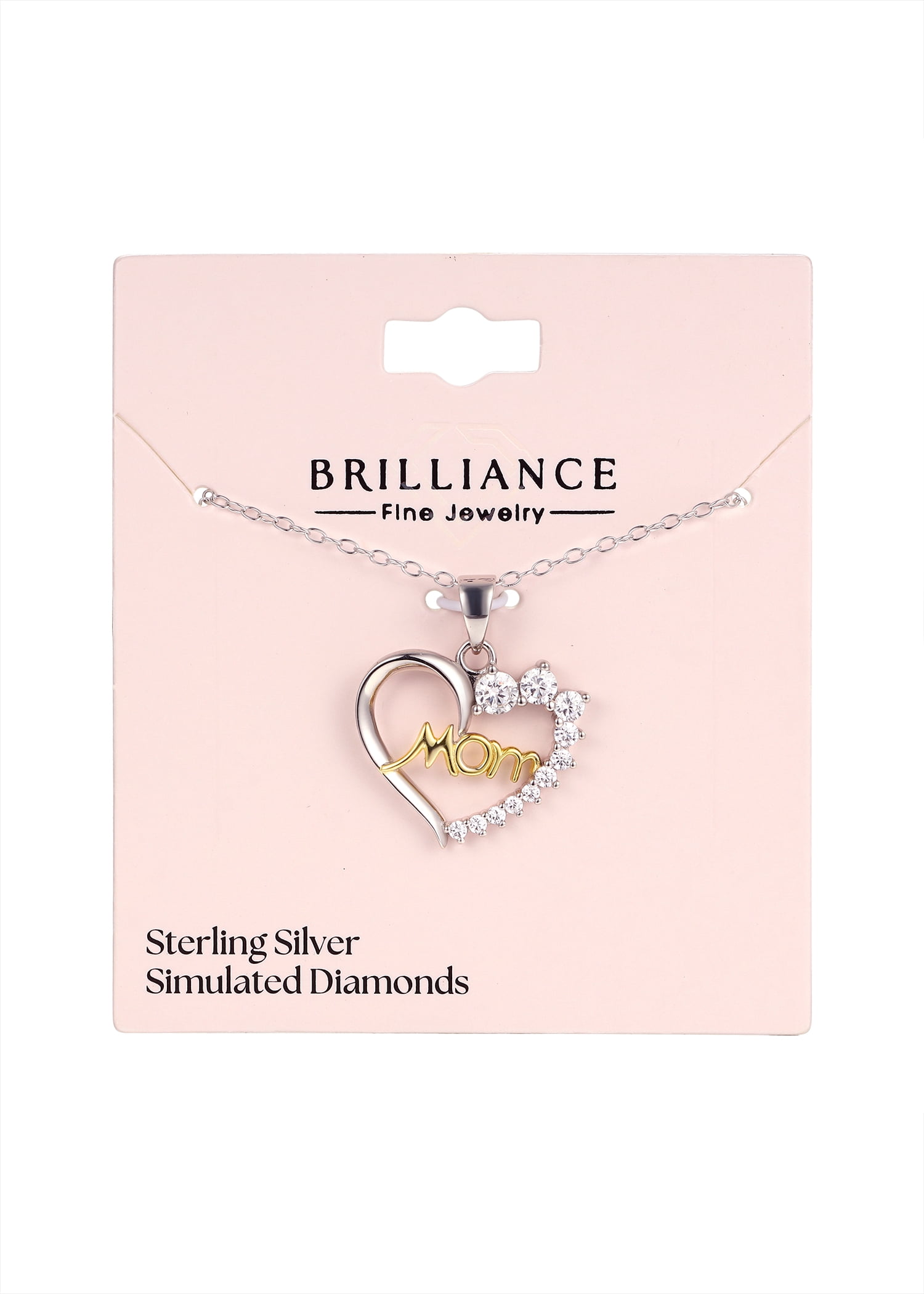 Brilliance Fine Jewelry Simulated Diamond Mom Heart Necklace in Two Tone Sterling Silver with 14KT Gold Flash Plate