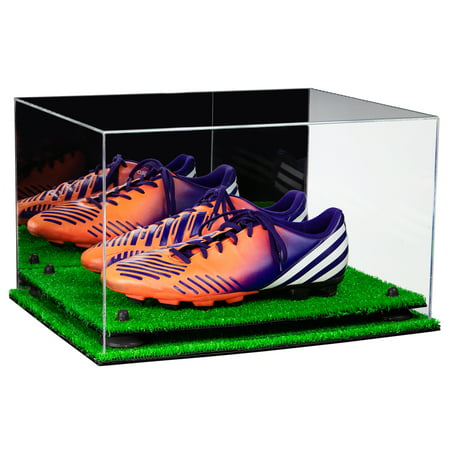 Deluxe Acrylic Large Shoe Pair Display Case for Basketball Shoes Soccer Cleats Football Cleats with Mirror, Black Risers and Turf Base (Best Turf Football Boots)