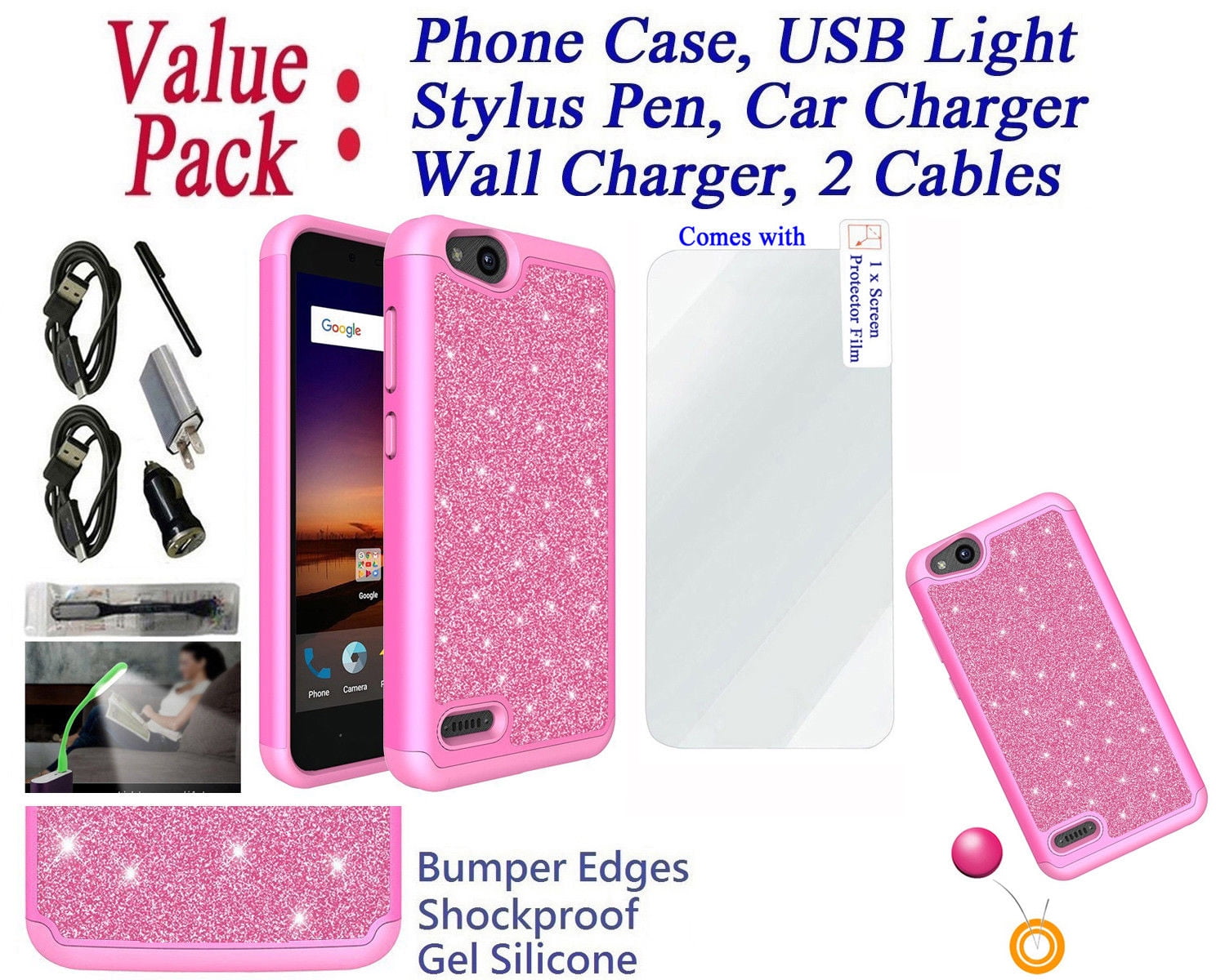 VALUE BUNDLE CABLES CHARGERS + For ZTE Tempo X/Blade Vantage/Avid 4 Slim Hybrid Dual Layers