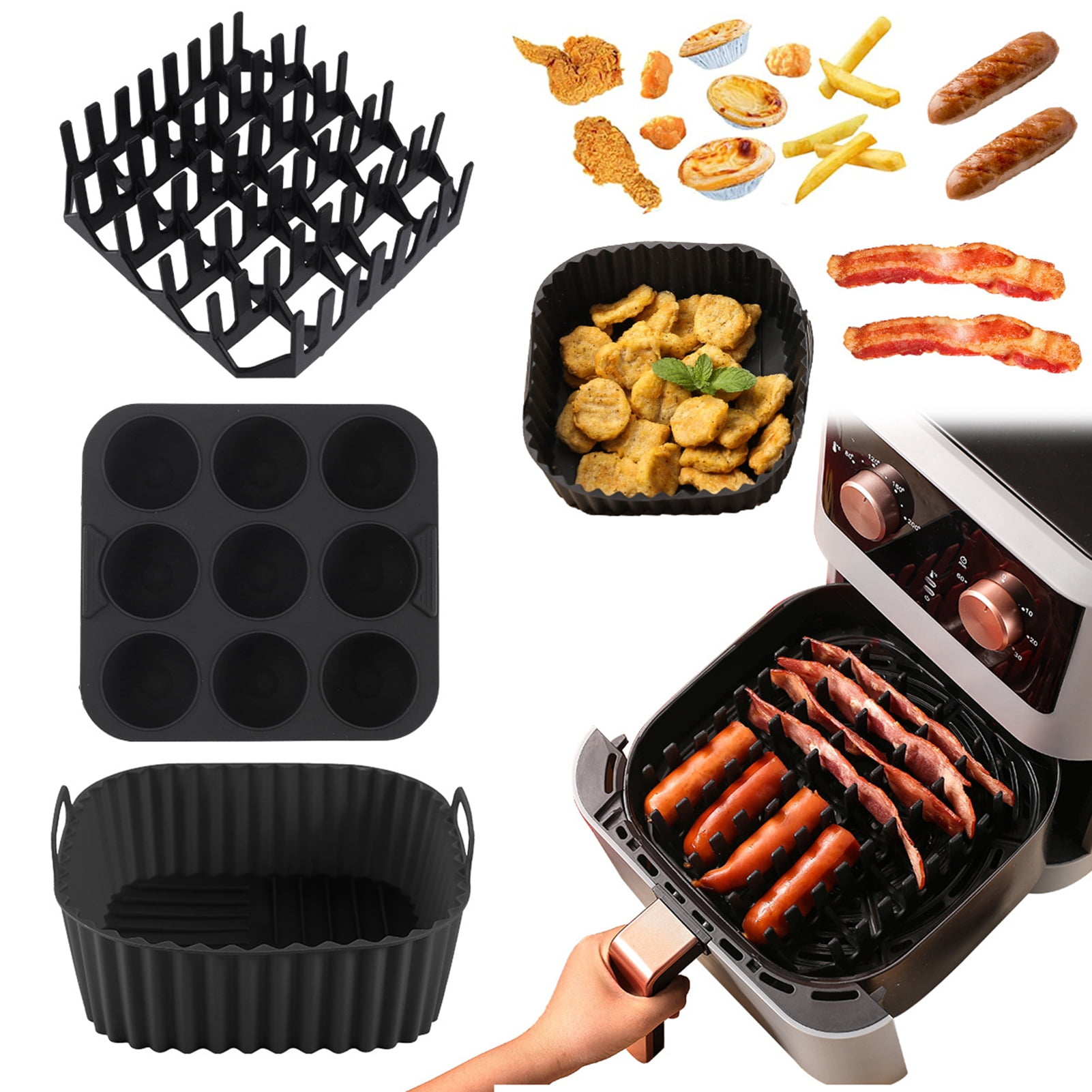 tasrioml Air Fryer Silicone Basket Liners Large Square Oven Pan BBQ Grill Reusable Cake Molds for Hot Dogs Bacon Jelly