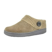 Angle View: Clarks Suede Leather Knitted Collar Clog Plush Faux Fur Lining Slippers Sage/Beige2 (11, Sage/Beige2)