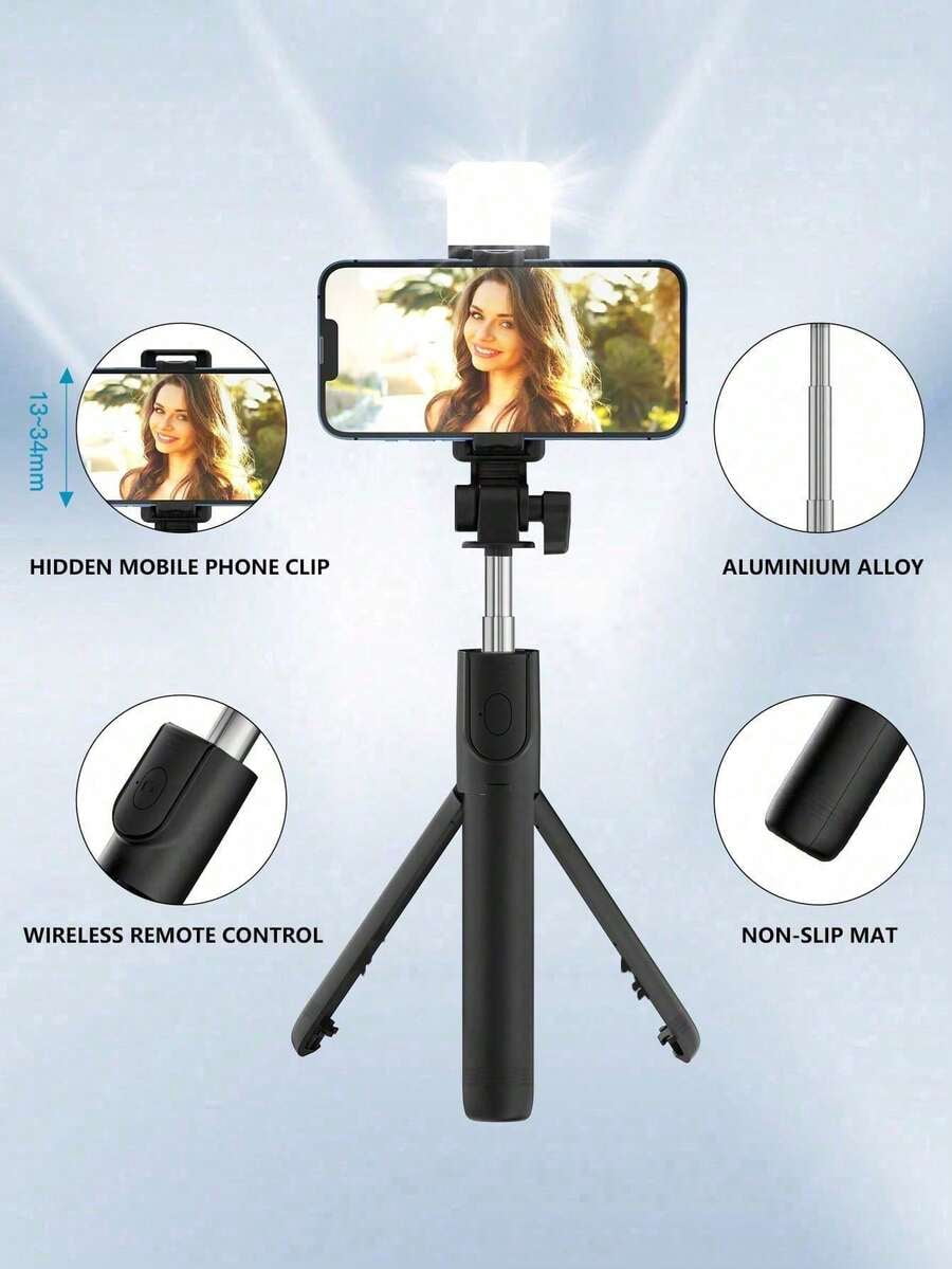 Bluetooth Selfie Stick Tripod with LED Fill Light & Remote, 360° Rotation Portable Phone Tripod for Vlog Live Streaming Travel Android iPhone