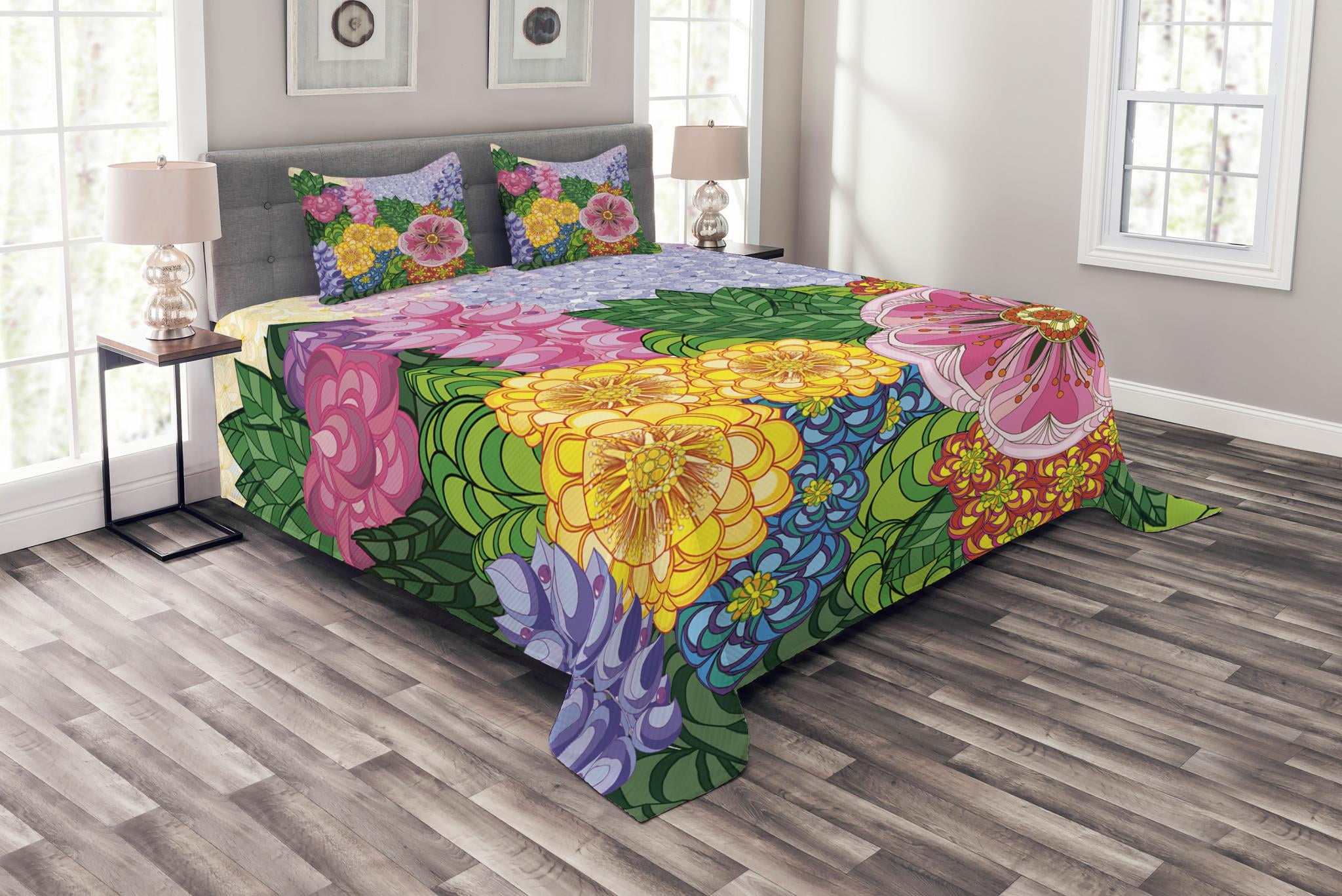 Colorful Bedspread Set King Size, Nature Flower Petals Florets Vintage