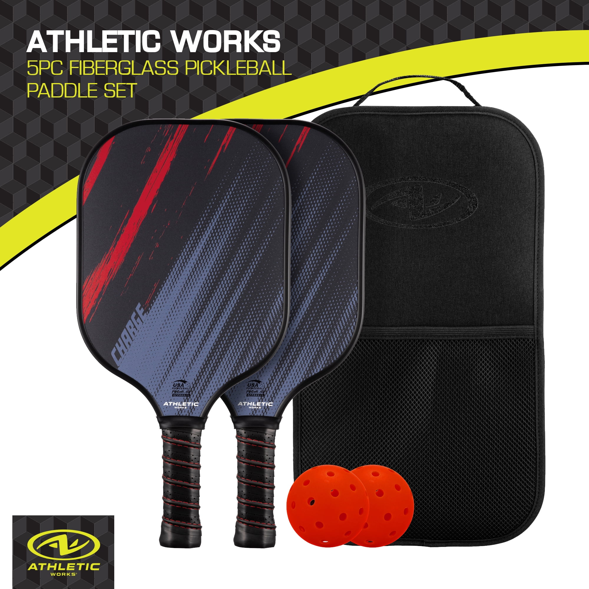 Athletic Works Charge Fiberglass 2-Player Pickleball Paddle Set, Includes 2 Paddles/2 Pickleballs/Carry Bag, Red