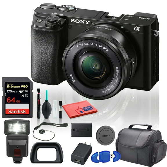 Sony Alpha a6100 Mirrorless Camera with 16-50mm Lens Beginner Bundle   Flash, Bag and 64GB Card (International Model)