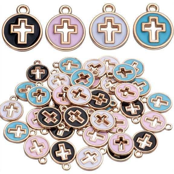 Aylifu 40pcs Round Enamel Cross Charms Alloy Crucifix Charm Pendants for Jewelry Making Bracelet Necklace,4 Colors