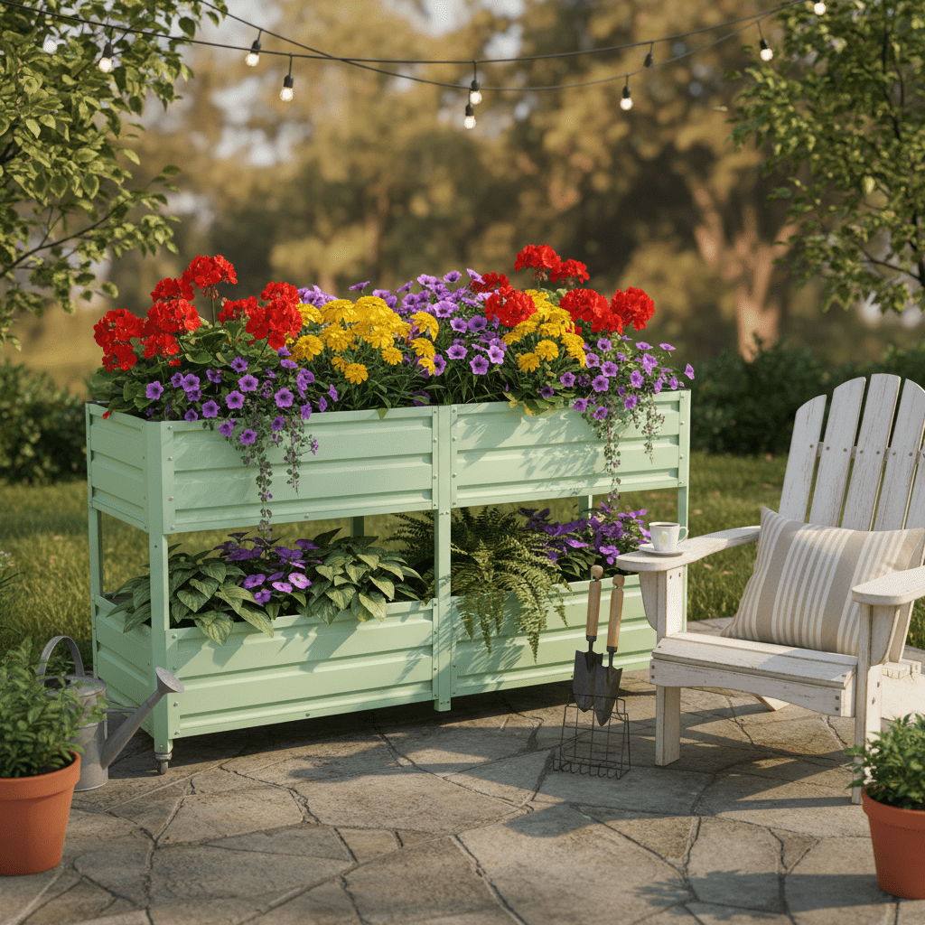 Mintazer 2-Tier Elevated Metal Raised Garden Bed with Lockable Wheels, 2-Layer Raised Planter Box for Backyard Patio Balcony Greenhouse, Green