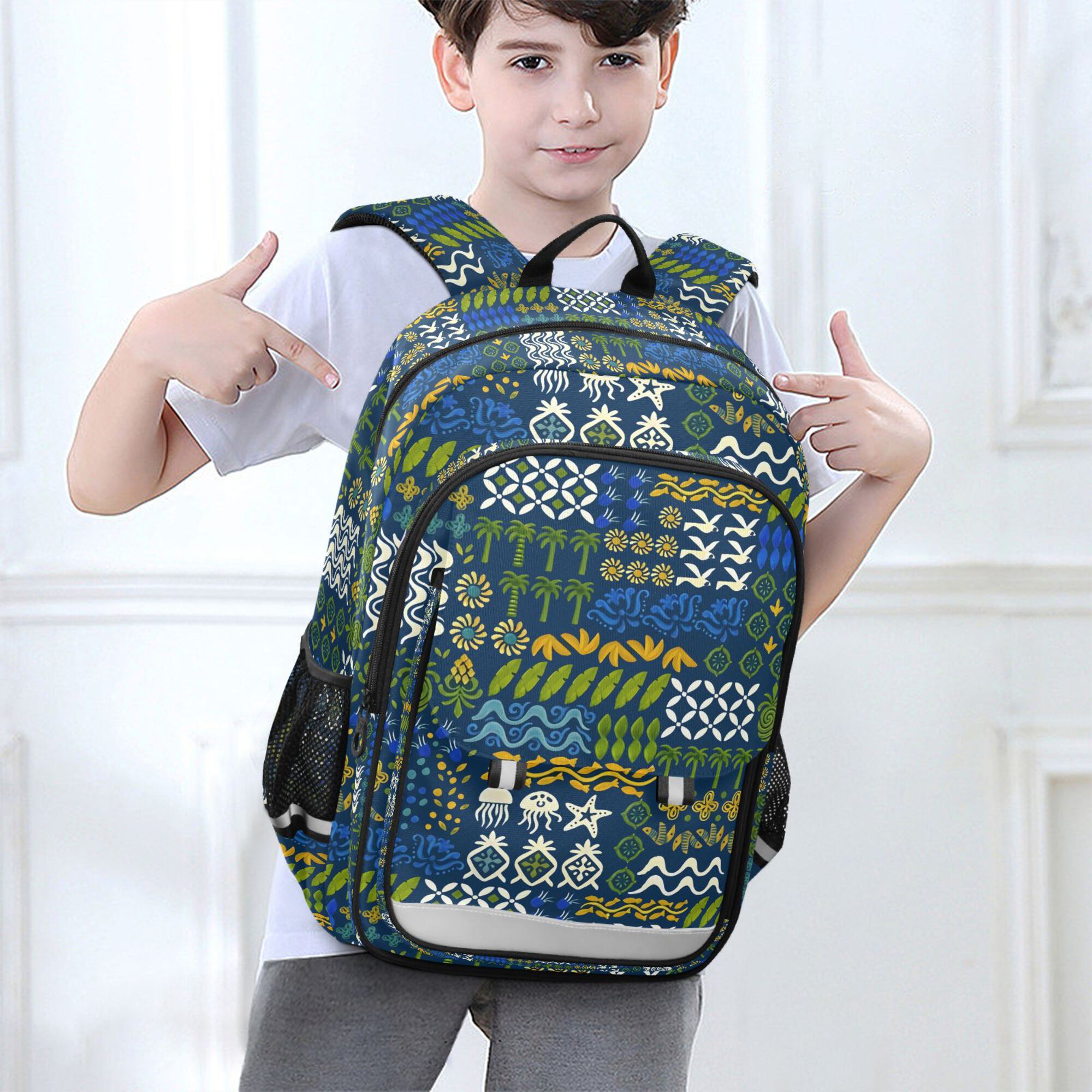 Mochila escolar para niños unisex de 17", casual, para viajes y uso diario, con compartimentos, estampado de bosque geométrico 6
