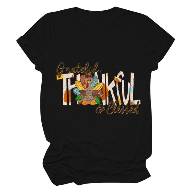 Camisas de Acción de Gracias Para Mujer Casual Cuello Redondo Manga Corta Camiseta Estampada Top Odeerbi ODB122422
