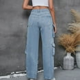 thumbnail image 4 of Women's Cargo Denim Pants Multi Pockets High Waist Wide Leg Jeans Baggy Distressed Jeans Streetwear Y2K Juniors Pants Light Blue,S, 4 of 8