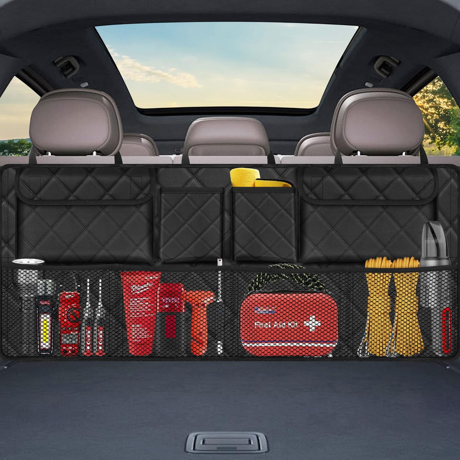 Car Trunk Organizer, Large Capacity Backseat Trunk Organizer (42"*18"), Collapsible Car Storage Bag with 8 Pockets, SUV/MPV/Truck - Black