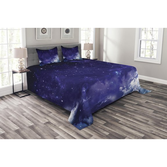 Ambesonne Space Quilted Bedspread Set 3 Pcs, Dreamy Night with Stars, King Size, Purple White