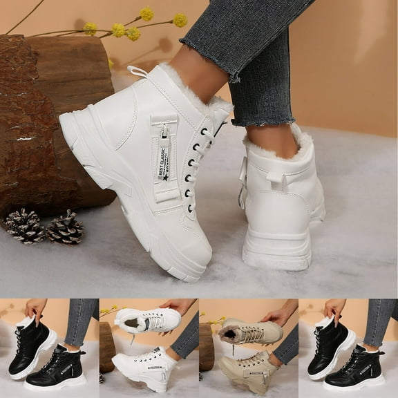 Miluxas Women Winter Boots Snow Warm Fleece Lined Winter Shoes Lace up Comfortable Non Slip Ankle Platform Boots Outdoor White 9.5(43)