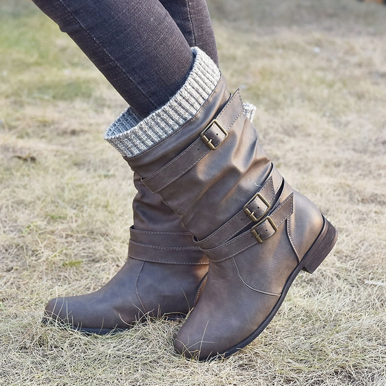 Cathalem Women s Mid Calf Boots Female Shoes Adult Wide Calf Rain Boots for Women Size 9 Buckle Toe Heels Retro Color Strap Shoes Wide Width Boots for