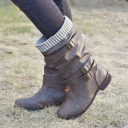 

Christmas Buckle Toe Heels Retro Color Strap Shoes Solid Middle Women Round Booties High Women s Boots