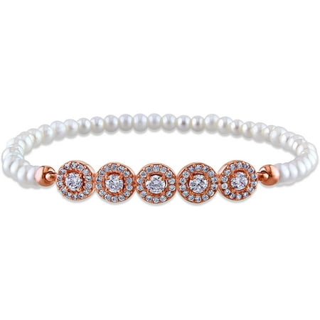 Miabella 3.5-4mm White Fancy Cultured Freshwater Pearl and 7/8 Carat T.G.W. Cubic Zirconia Rose Rhodium-Plated Sterling Silver Multi-Halo Bracelet, 7