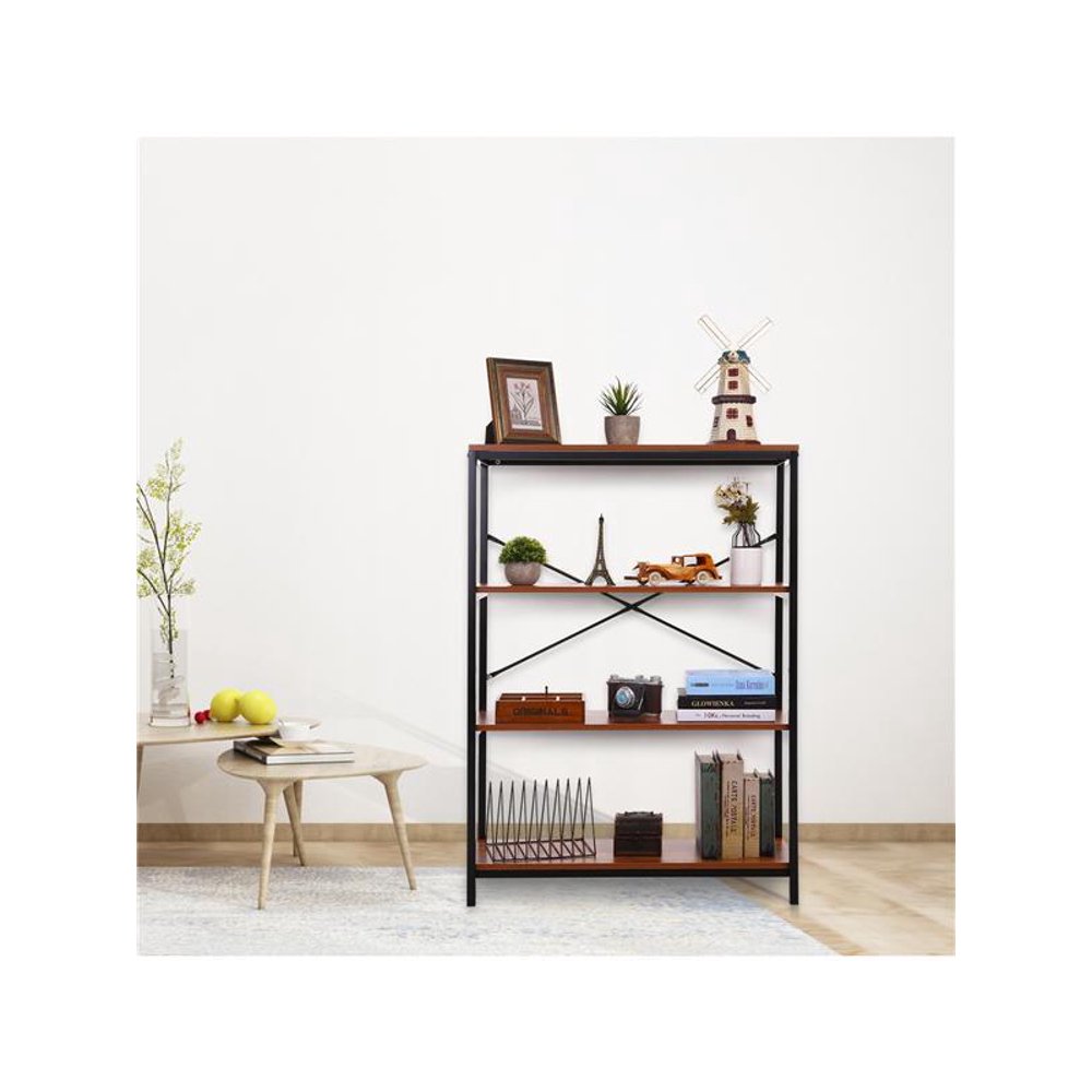 5Tier Adjustable Tall Bookcase, Rustic Wood and Metal Standing