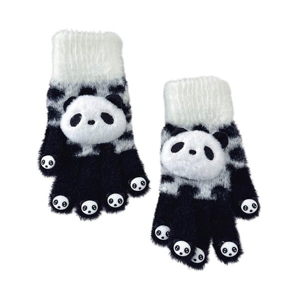 Xfvqtps Winter Gloves for Women Fluffy Cute Panda Decoration Thermal Warm Outdoor Winter Mittens Black