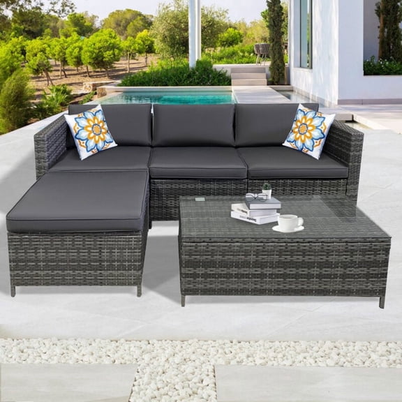 Heynemo 5 Pcs Outdoor Furniture Set Patio Sectional Rattan Sofa Sets All Weather PE Wicker Conversation Set with Table,Grey