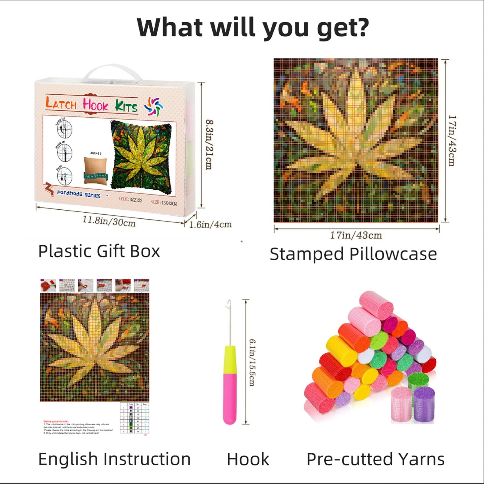 Stained Glass Marijuana Leaf DIY Latch Hook Pillow Kits for Adults Printed Pillowcase Crochet Yarns Hooking Handmade Pillow Cover Cushion for Home Sofa Decoration 17x17inch