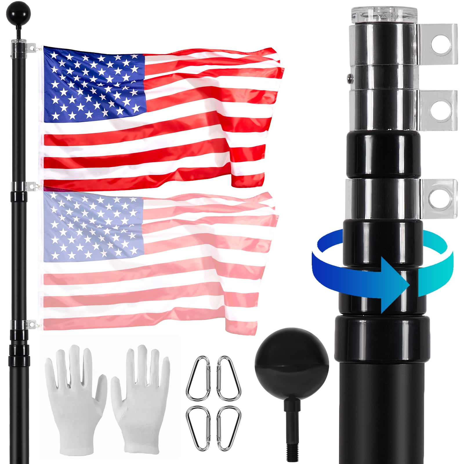 KFFKFF 20-Foot Extendable Flagpole Set, Robust Aluminum Alloy Outdoor Flag Poles, 3 Presentation Styles with 3x5 US Flag, Expert Gear, Black
