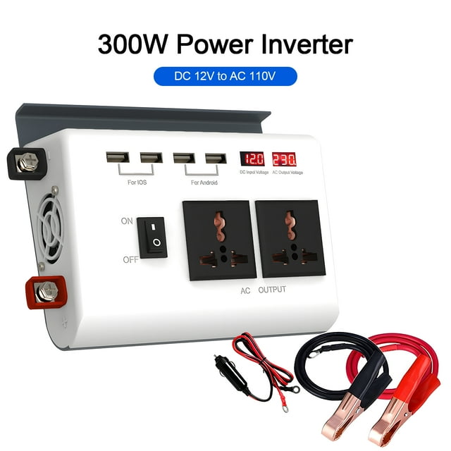 300W Power Inverter DC 12V to AC 110V Car Charger Converter with 4 USB Ports 8 Safety Protection Improved Sine Wave Power Convertersm Suitable for Mobiles Phones Computers Laptop