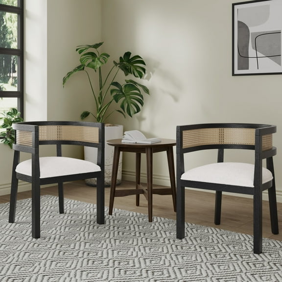 GDF Studio Country 3-Piece Conversation Set, End Table and Rattan Back Armchairs, Walnut Beige Black