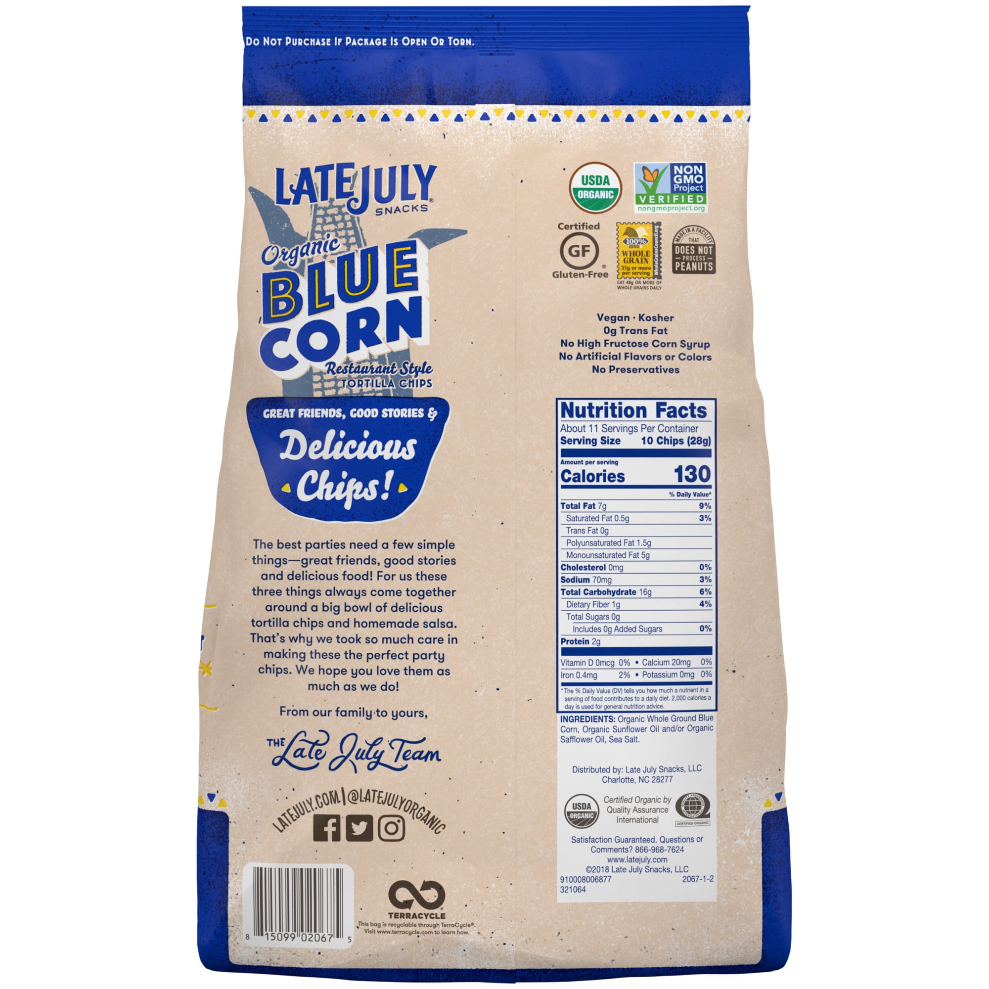 LATE JULY Snacks Restaurant Style Blue Corn Tortilla Chips, 11 oz. Bag