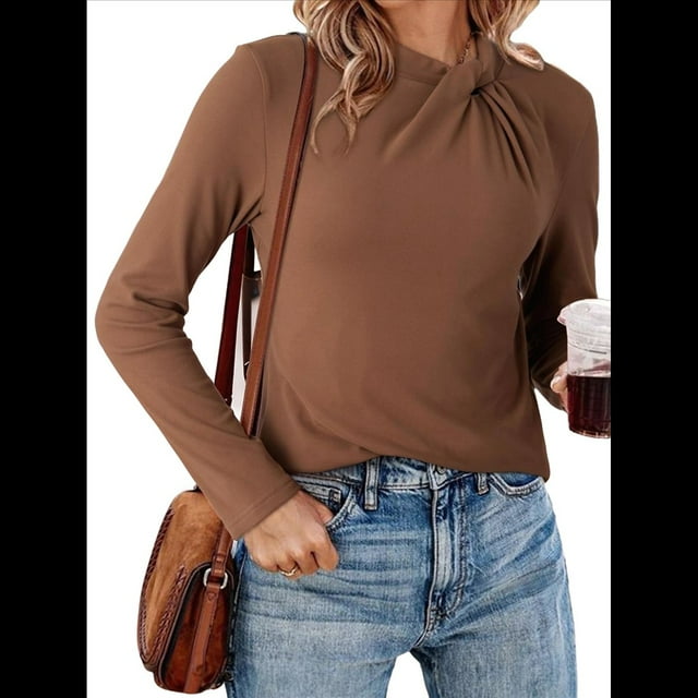 Blusas de Mujer de Larga Térmicas con Nudo Torcido, Cuello Alto, Informales, Ajustadas, Suaves y Elásticas. Color Café XXL