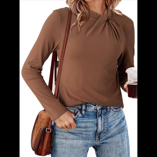 Blusas de Mujer de Larga Térmicas con Nudo Torcido, Cuello Alto, Informales, Ajustadas, Suaves y Elásticas. Color Café XL