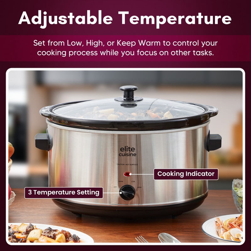 Elite Cuisine MST511 8.5Qt. Stainless Steel Slow Cooker with Adjustable Settings and Keep Warm