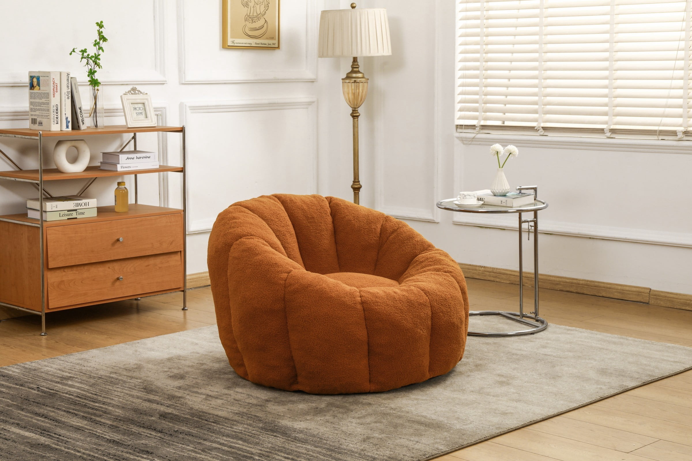 Bean Bag Chair for Adults, Faux Fur Memory Foam Bean Bag Sofa with Armrests, Fluffy Lazy Chair for Living Room Bedroom, Orange