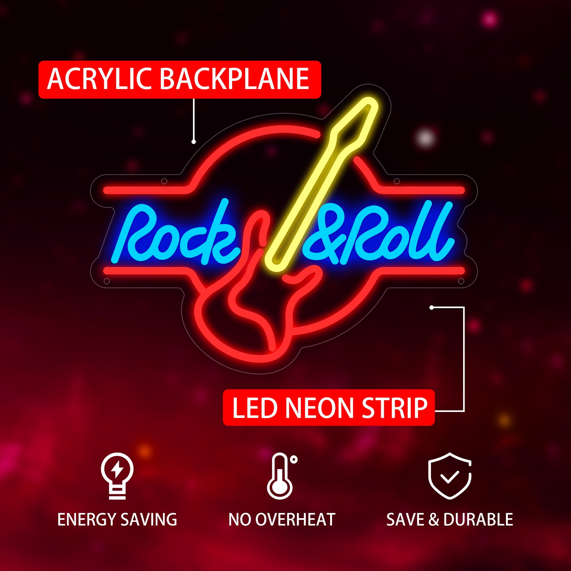 Rock Roll Neon Sign for Wall Decor,Kids USB Powered Rock Roll Led Sign, Reusable Rock Roll Light Up Sign for Boys and Girls, Light Up Sign for Bedroom and Livingroom