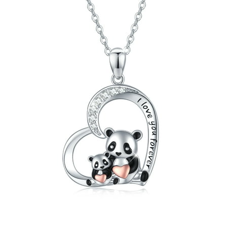 Cuoka Mom Panda Necklace Mother Daughter I Love You Forever Heart Pendant Necklaces Mother's Love Necklace for Kids 925 Sterling Silver Birthday Mother's Day Gifts Jewelry for Women