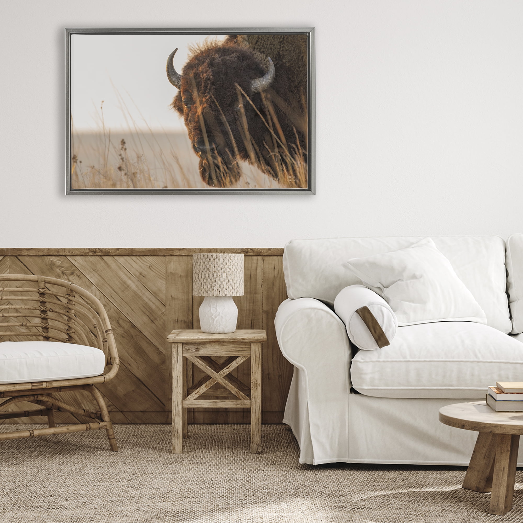 Stupell Industries Bison Sunset on Golden Prairie Gray Framed Floater Canvas Wall Art, design by Nathan Larson