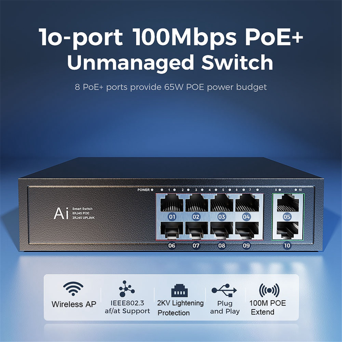 POE Switch 100Mbps Ethernet Switch POE Splitter IEEE 802.3af/At for IP Camera Wireless AP Wifi Router US Plug 10 Ports
