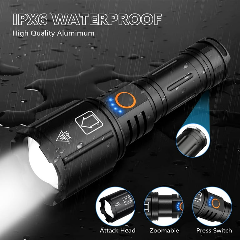 LUOEX Rechargeable LED Flashlights High Lumens, 120000 Lumens Super Bright  Flashlight, 5 Modes Zoomable IP68 Waterproof Tactical Flashlights for