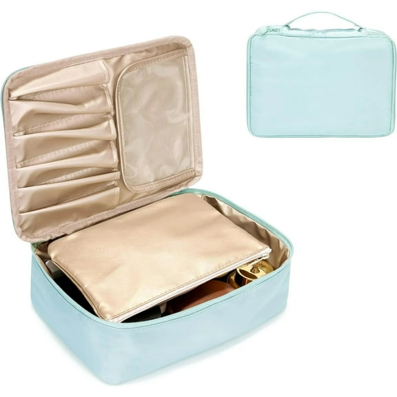 Travel makeup bag with brush holder, large cosmetic bag Travel Makeup Organizer, Portable Water-resistant Toiletry Bag with Handle for Girls Women Blue