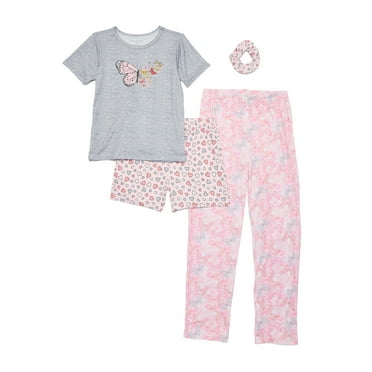 Catherne Malandrino Girls Short Sleeve Top, Pant and Shorts with Bonus Scrunchie 4-Piece Pajama Set, Sizes 4-16