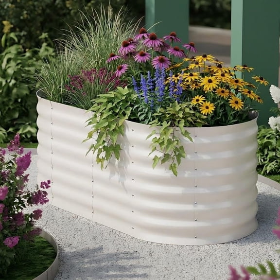 Galvanized Raised Garden Bed, 4 * 2 * 2ft Oval Galvanized Outdoor Planter, Garden Planter for Flowers Vegetables Herbs - White