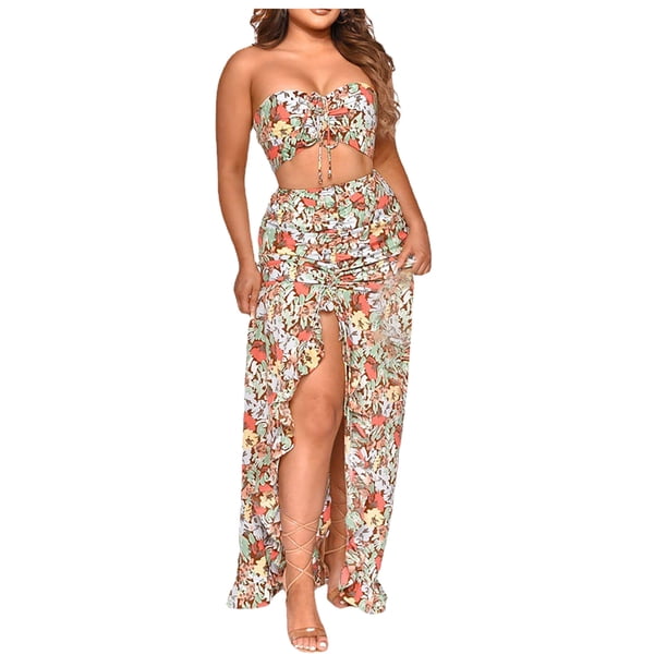 Conjuntos de Camisas Para Mujer Moda Ruffle Froral Print Casual Strapless Top + Falda Set Odeerbi ODB125784