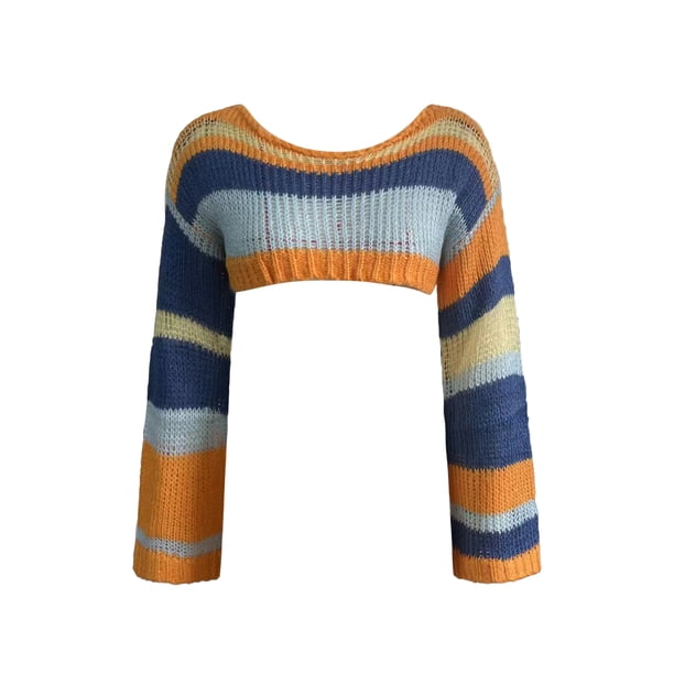VISgogo, suéter de punto a la moda para mujer, Tops cortos de manga larga de Color a rayas en contraste, jerséis salvajes informales de primavera VISgogo moda