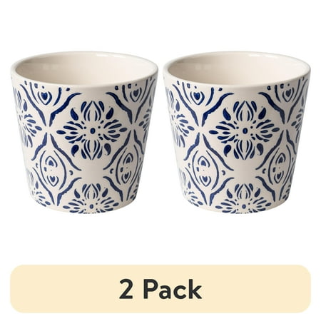 (2 pack) Mainstays 6" x 6" x 5.5" Round Blue Ceramic Medallion Plant Planter