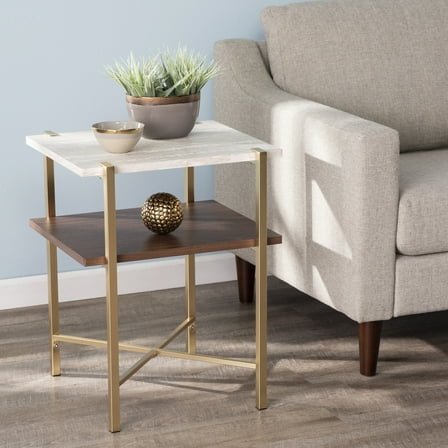 Square End Table - Faux Marble & Brass Accent Table with Shelf - 19"W x 24"H