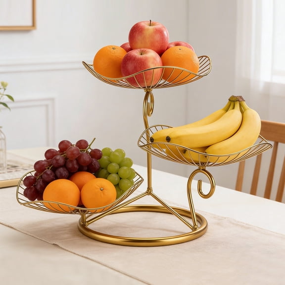3-Tier Fruit Basket,Detachable Metal Fruit Vegetable Organizer Stand  for Kitchen Counter, Bread, Snacks, Utensils, Gold