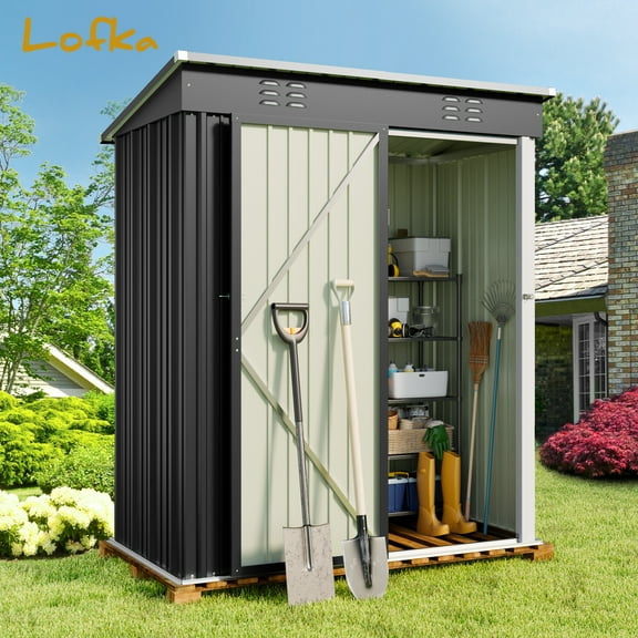 5×3 FT Outdoor Storage Shed,Lofka Steel Garden Shed with Lockable Door and Sloping Roof for Backyard,Patio,Lawn,Poolside, Gray
