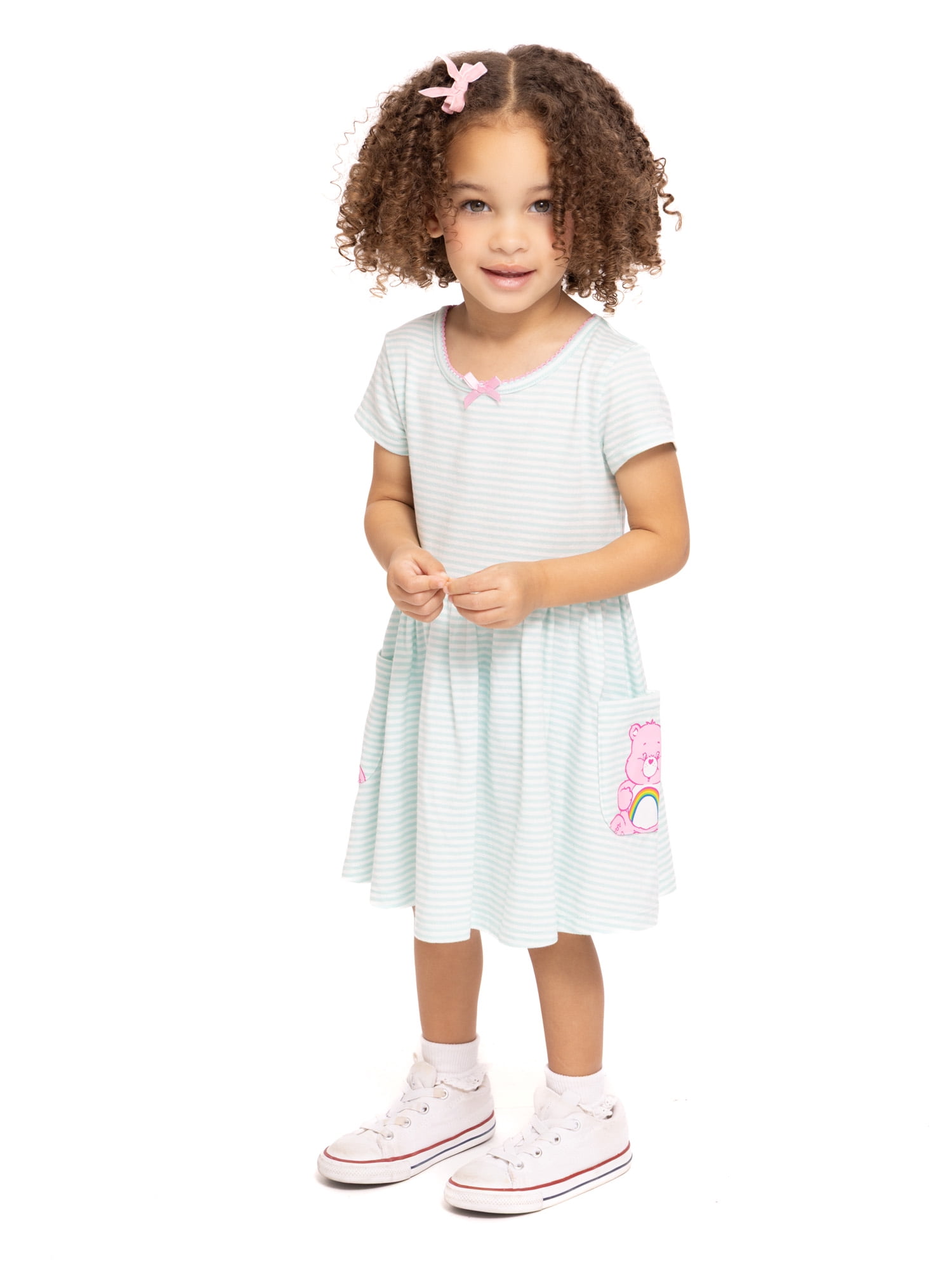 Care Bears Toddler Girl Short Sleeve Striped Dress with Graphic Pockets, Sizes 12M-5T