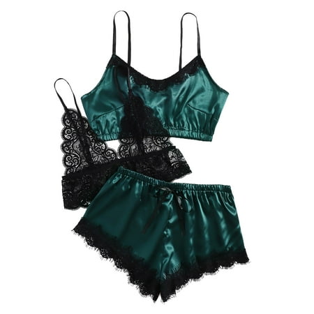 

BIZIZA Womens Sleepwear Cami Top Bralette and Shorts Loungewear Nightwear 3 Piece PJ Sets Lace Soft Pajama Set Green M