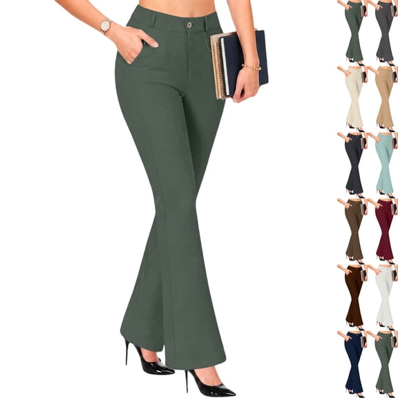 Women's Yoga Dress Pants Casual Straight Leg Work Slacks Stretchy High Waisted Trousers Plus Size Business Clothes Army Green S